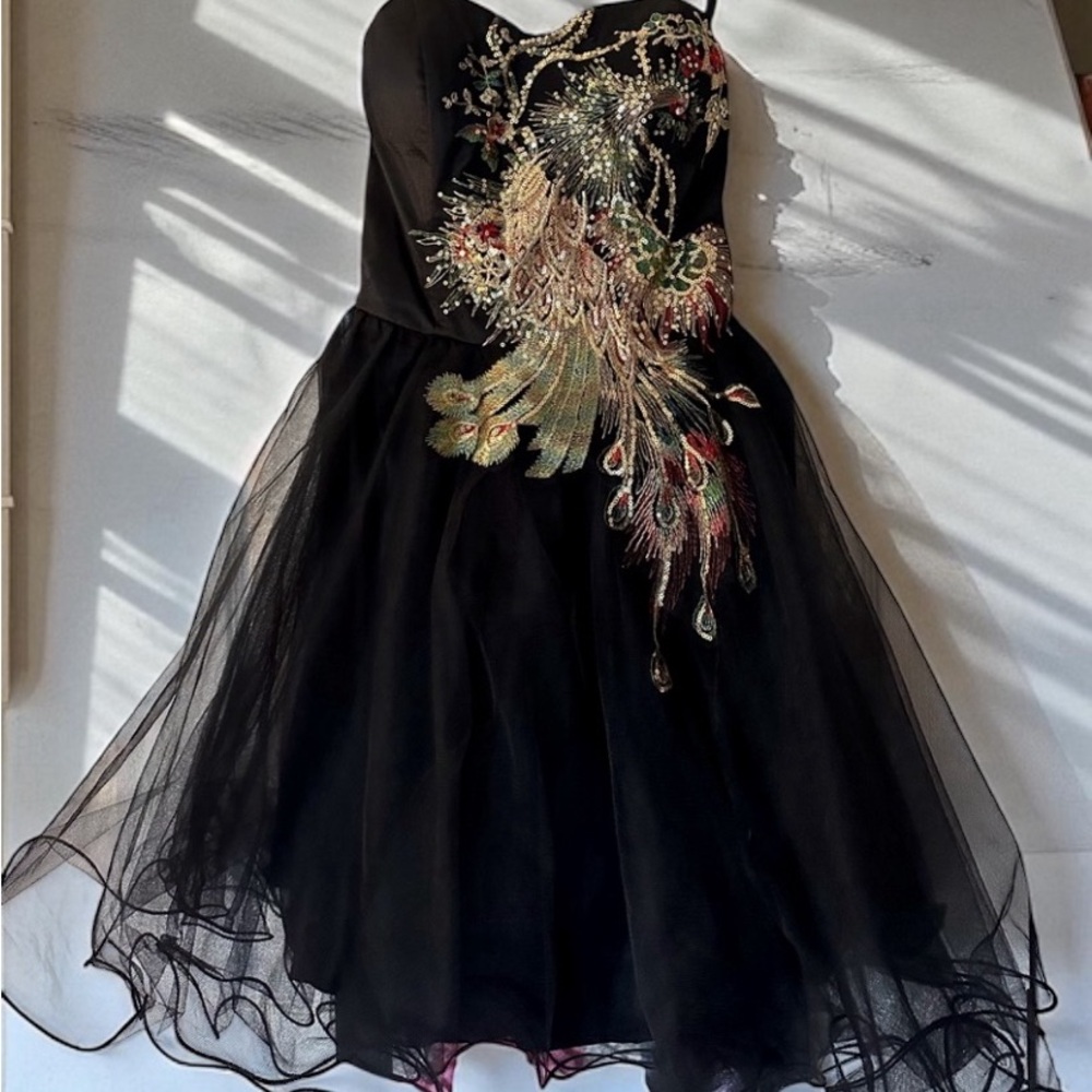 Modcloth Black tulle dress with Embroidered Peacock Design - Picture 3 of 3